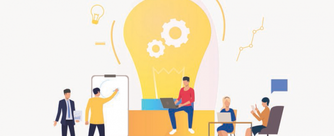 Grafik mit Personen die diskutieren, Ideen entwickeln und zusammenarbeiten.