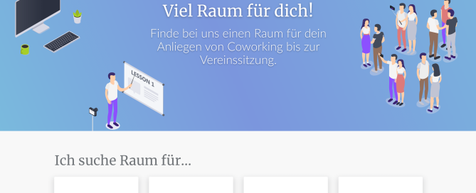 Startseite des Portals mit den verschiedenen Buchungsoptionen wie Coworking, Festlichkeiten, Schulung und Einzelbüros.