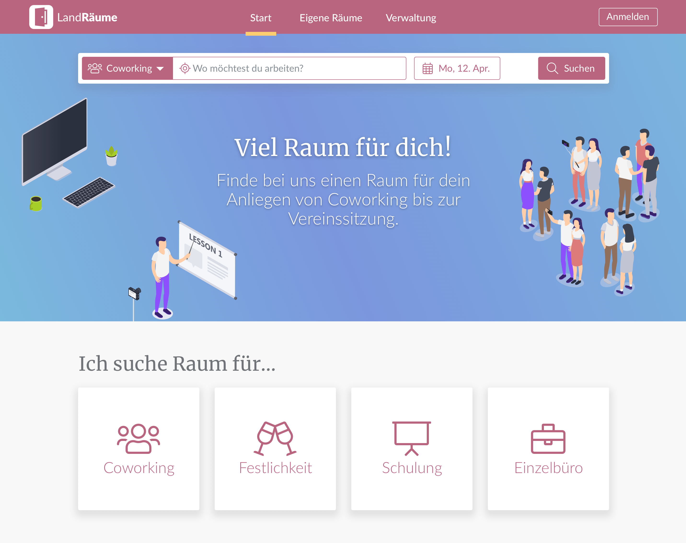 Startseite des Portals mit den verschiedenen Buchungsoptionen wie Coworking, Festlichkeiten, Schulung und Einzelbüros.