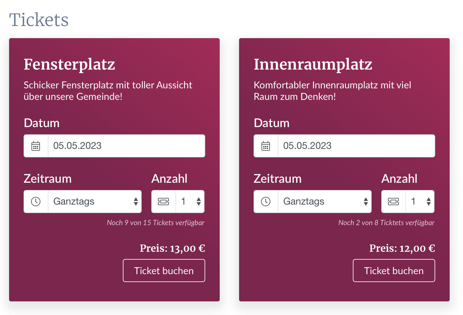 Darstellung der Ticketoptionen mit Uhrzeit, Datum , Preis und Anzahl