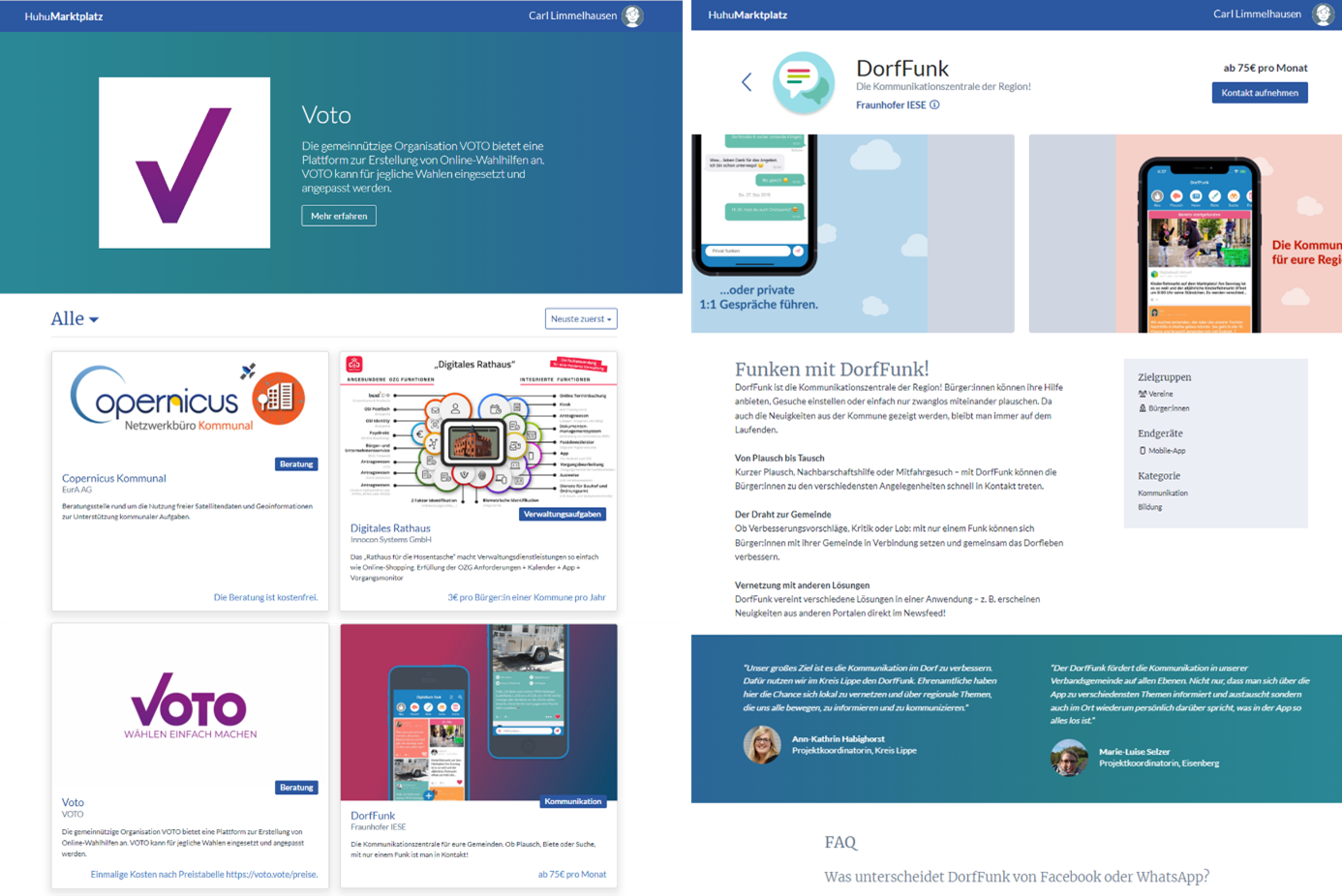 Zwei Screenshots des Marktplatzes: Links zeigt die Startseite, rechts detaillierte Informationen zu Lösungen und Beratungen