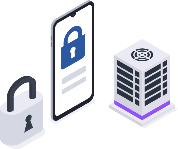 grafische darstellung von einem Schloss, einem Handy und einem Server. Repräsentieren Datenschutz und IT-Sicherheit