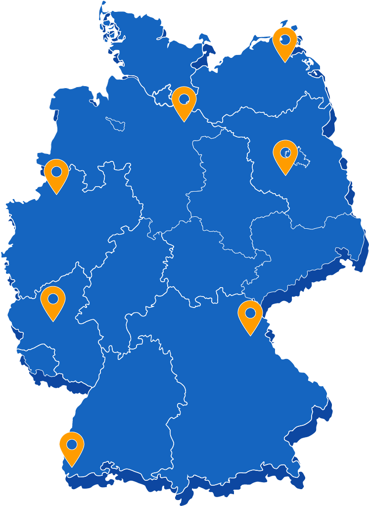 Eine Deutschlandkarte, auf der die sieben digitalen Landkreise abgebildet sind.