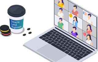 Smarter Kaffee: Grafische Darstellung einer Videokonferenz auf einem Laptop. Neben dem Laptop steht ein Kaffee-Becher, auf dem das Smarte.Land.Regionen Logo abgebildet ist.